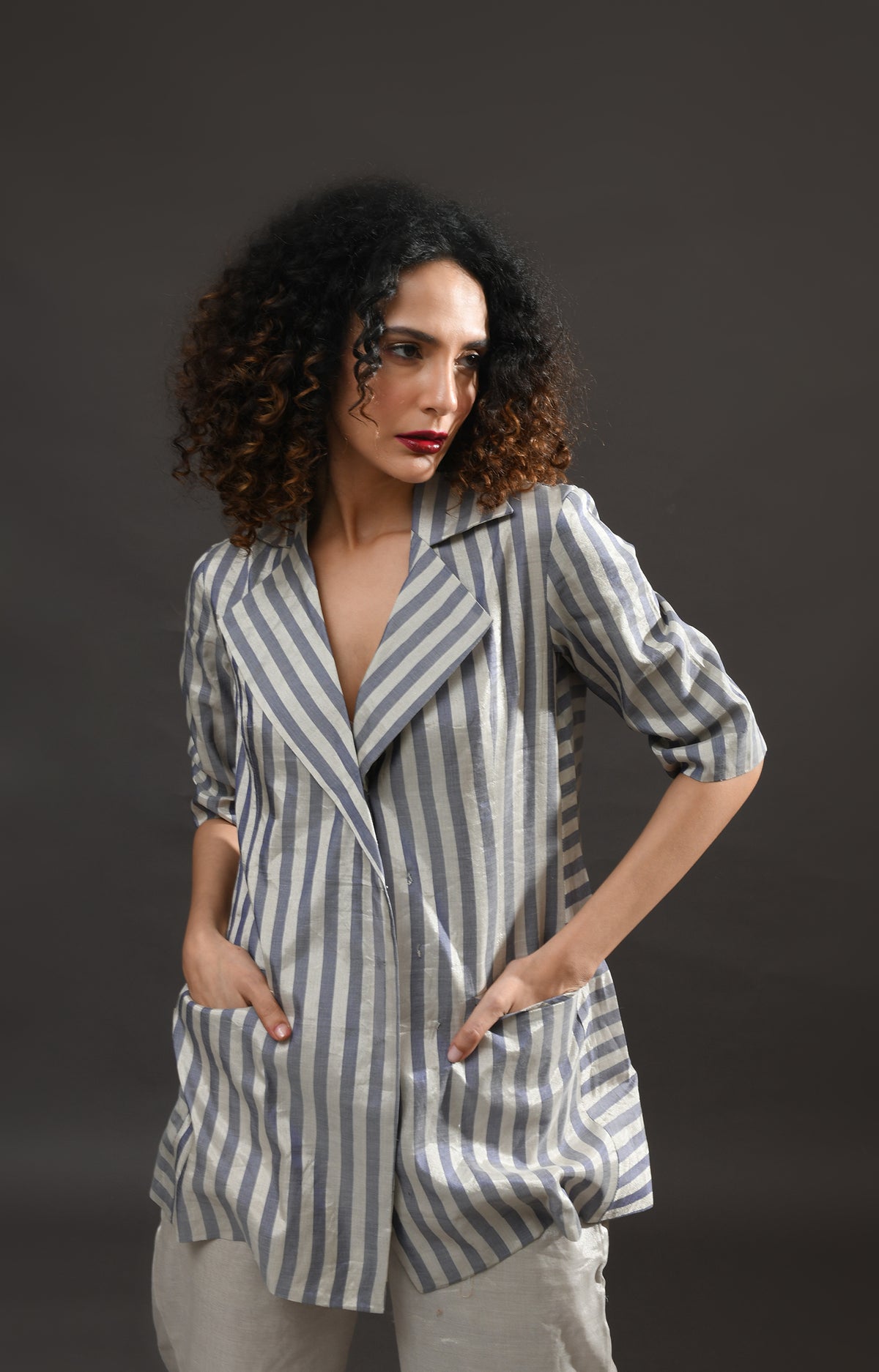 Silver and blue striped tissue blazer co-ord set of 2 for women – Hiranya