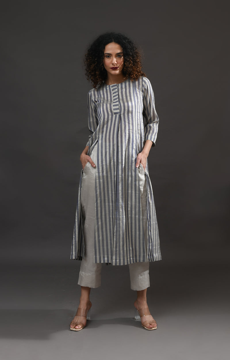 Silver blue striped tissue front slit back panel co-ord set