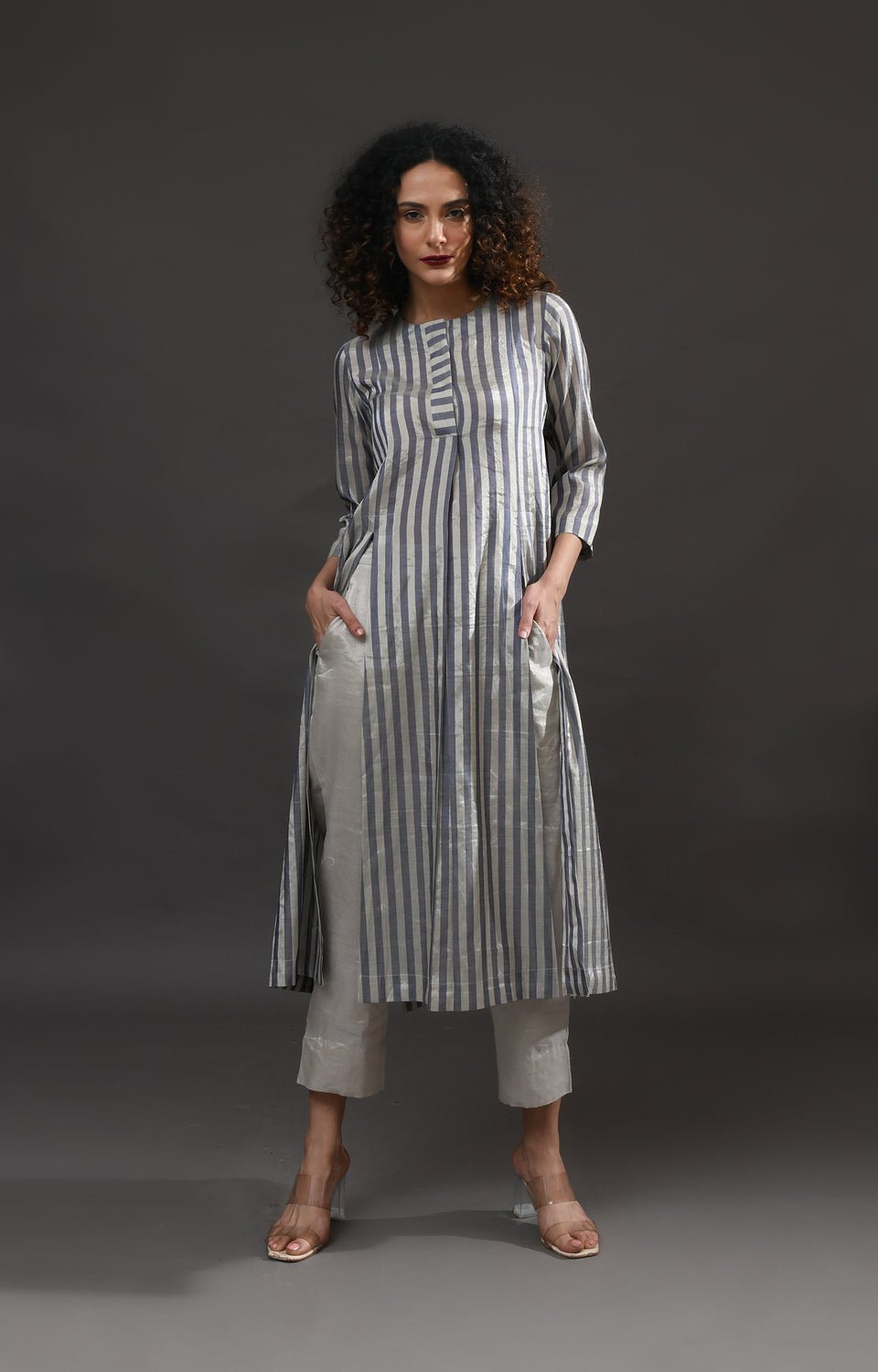 Silver blue striped tissue front slit back panel co-ord set