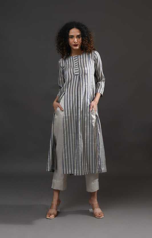 Front Slit & Back Panel Striped Tissue Kurta- Silver and Blue