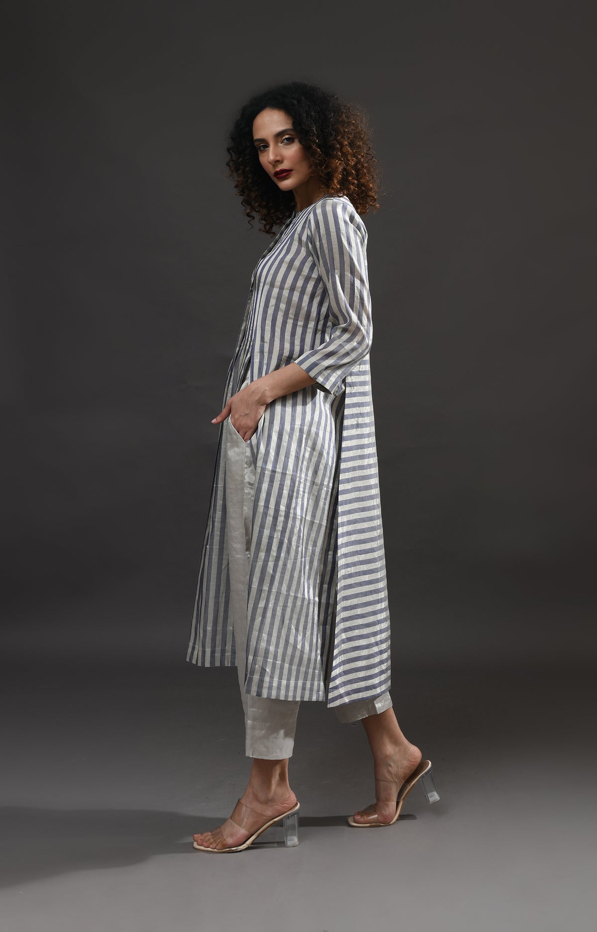 Silver blue striped tissue front slit back panel co-ord set