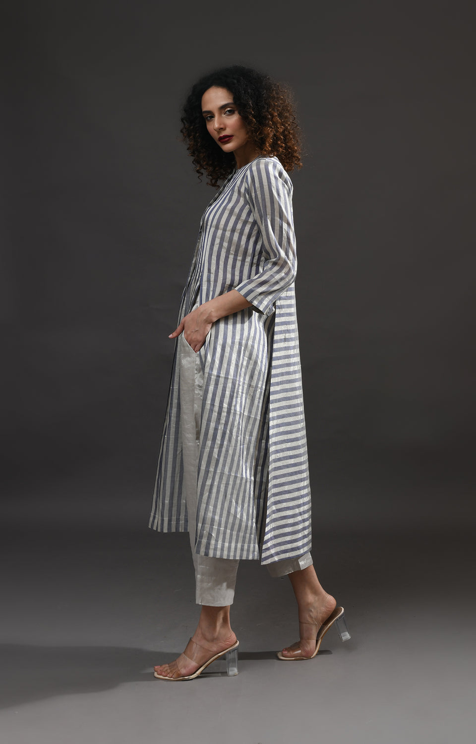 Silver blue striped tissue front slit back panel co-ord set