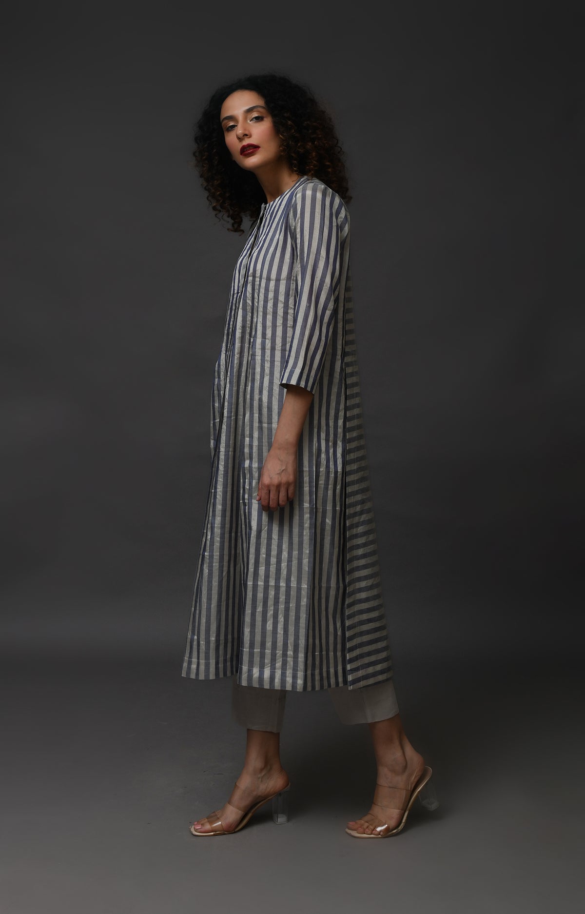 Silver blue striped tissue front slit back panel co-ord set