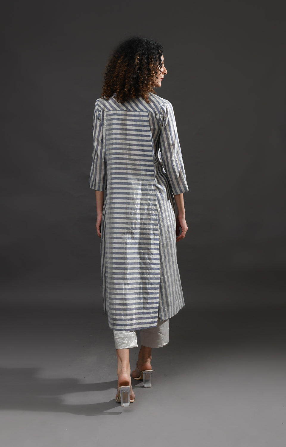 Silver blue striped tissue front slit back panel co-ord set