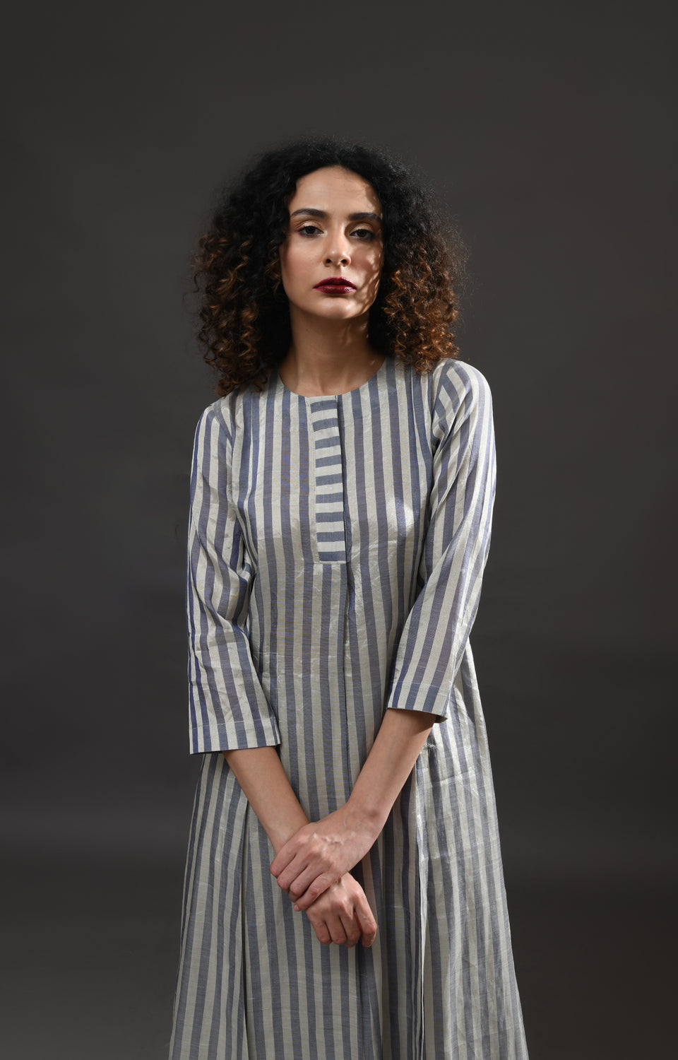 Silver blue striped tissue front slit back panel co-ord set