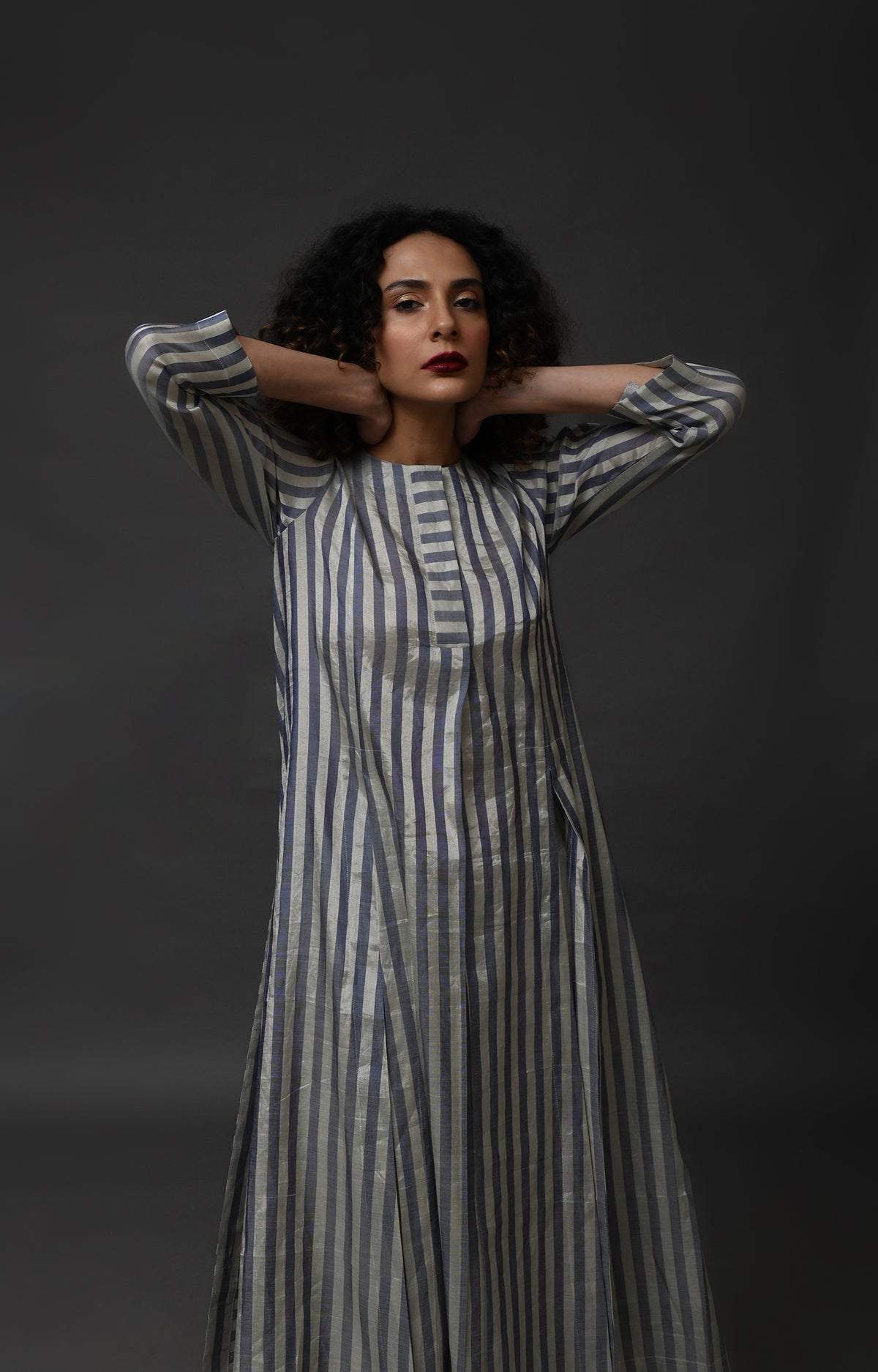 Silver blue striped tissue front slit back panel co-ord set
