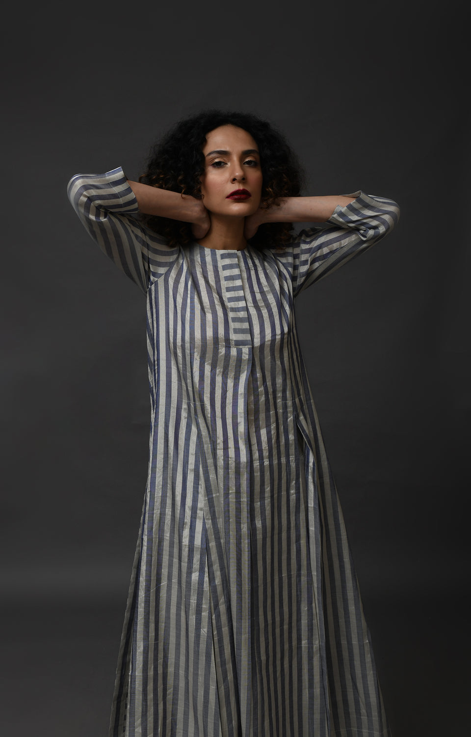 Silver blue striped tissue front slit back panel co-ord set