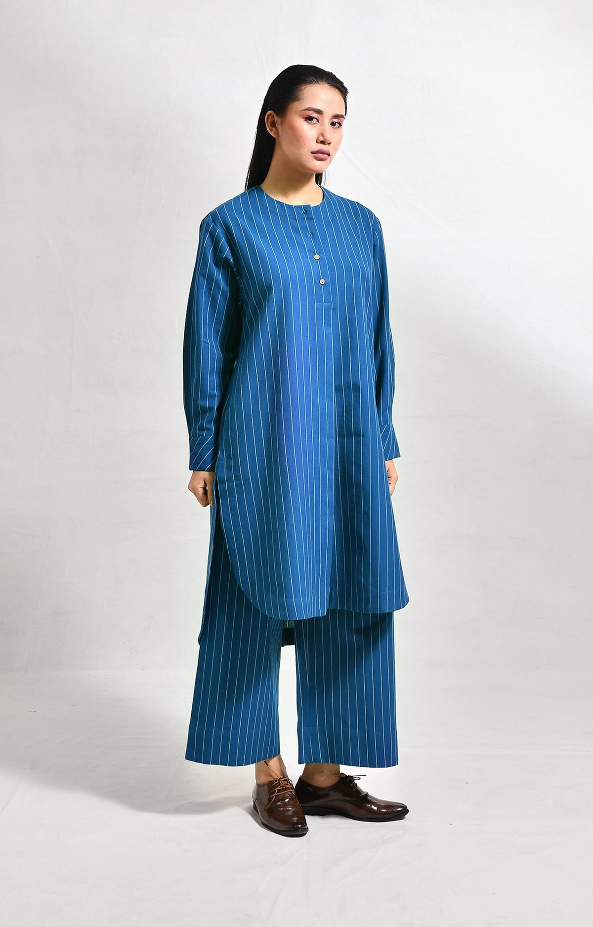 colbat blue cotton striped box front slit kurta with wide-leg pants co-ord set of 2