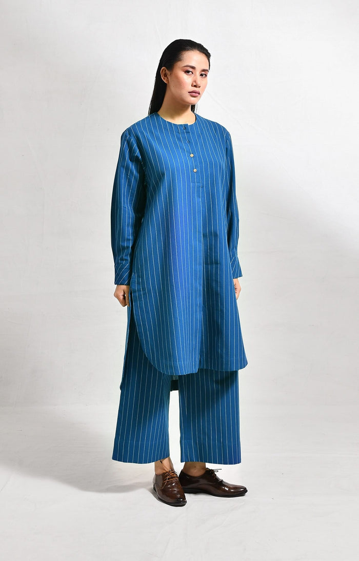 colbat blue cotton striped box front slit kurta with wide-leg pants co-ord set of 2