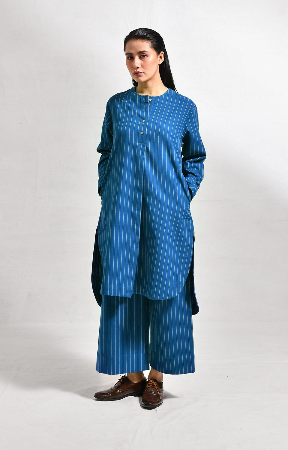 colbat blue cotton striped box front slit kurta with wide-leg pants co-ord set of 2