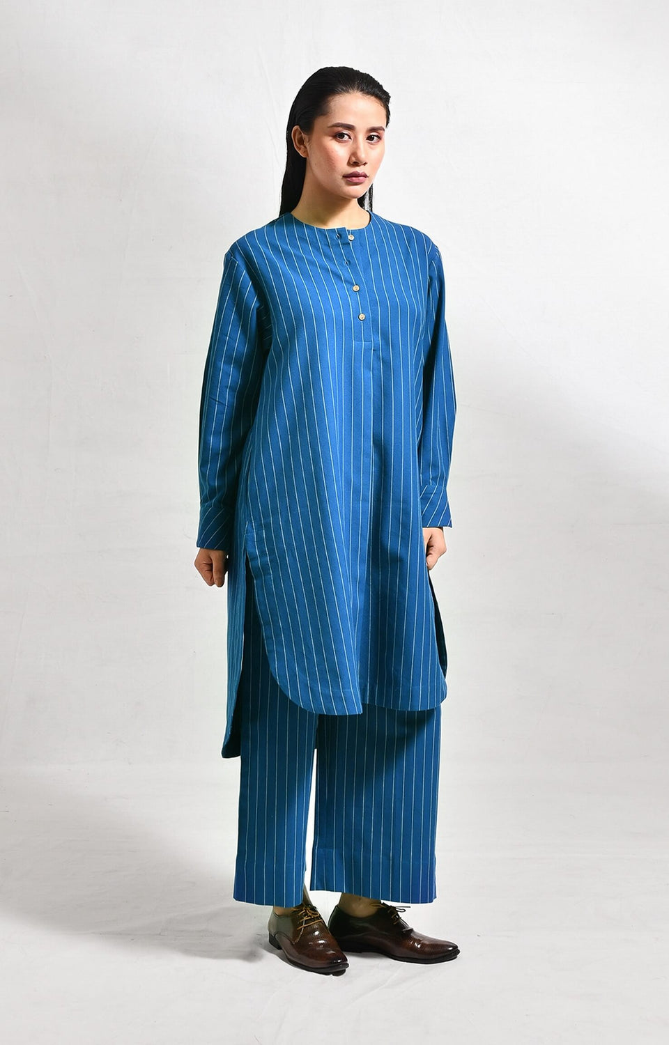 colbat blue cotton striped box front slit kurta co-ord set of 2