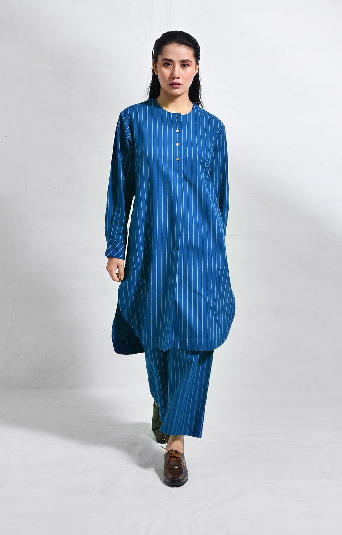 colbat blue cotton striped box front slit kurta co-ord set of 2