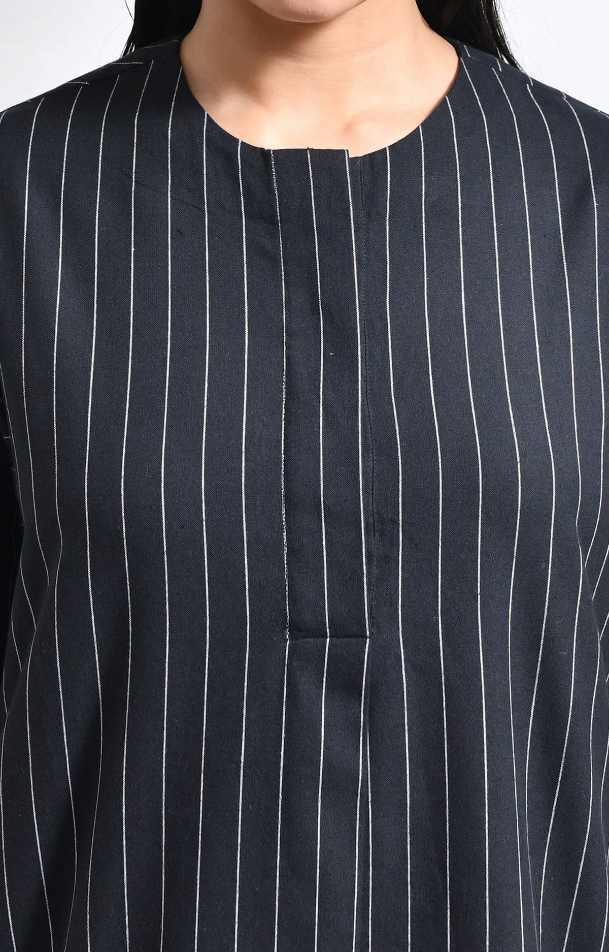 Handloom black cotton striped pleat kurta with pants set of 2