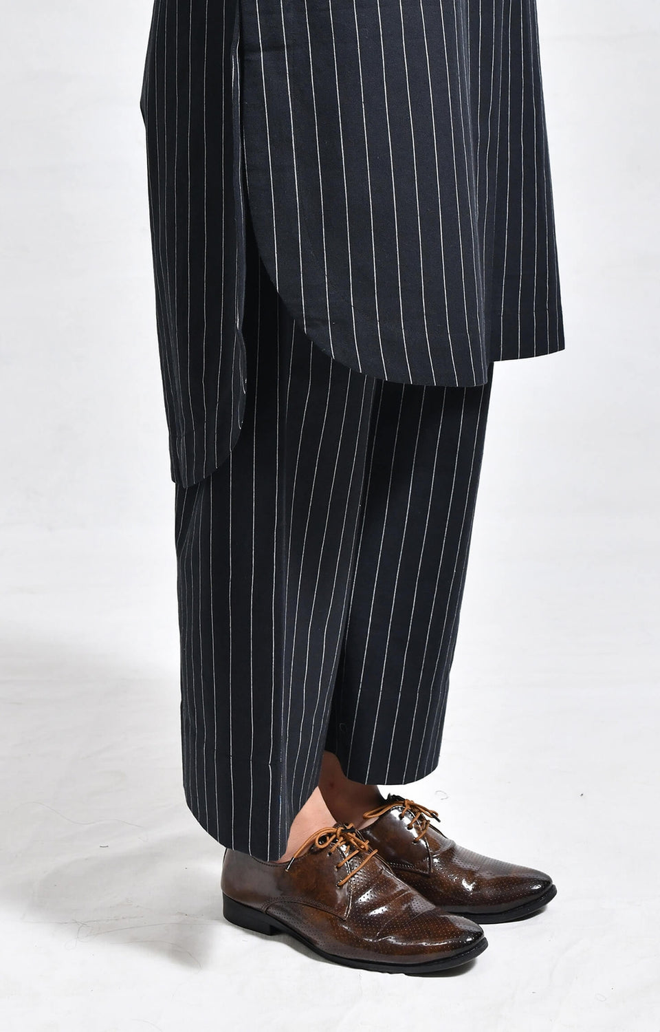 Handloom black cotton striped box pleat kurta with pants set of 2