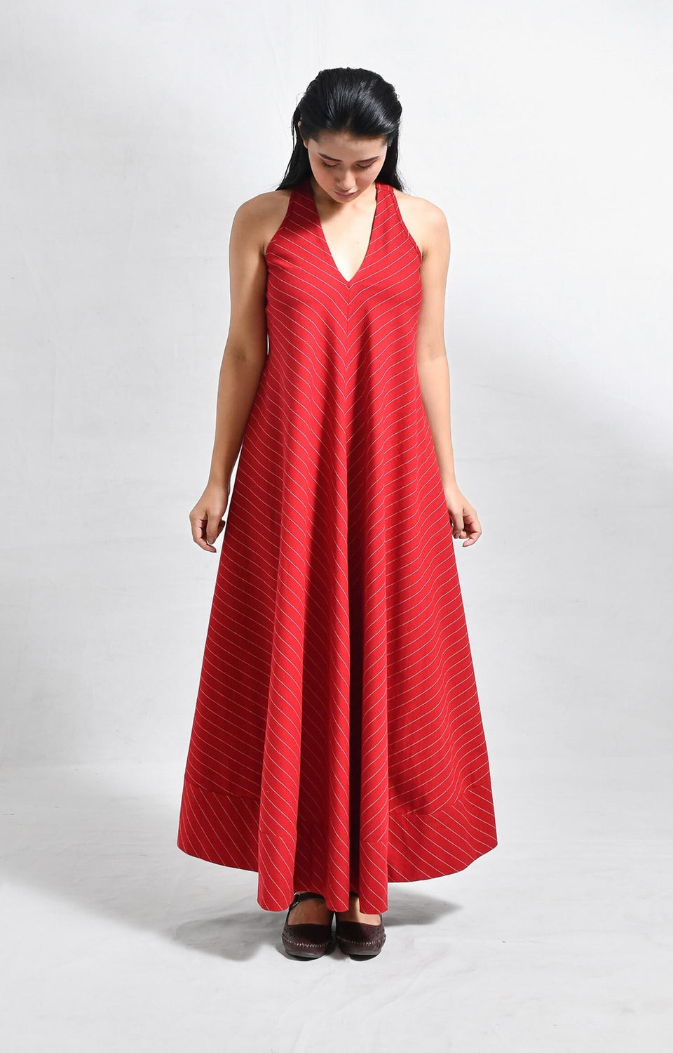 Women's red cotton striped dress with unique back twist detail