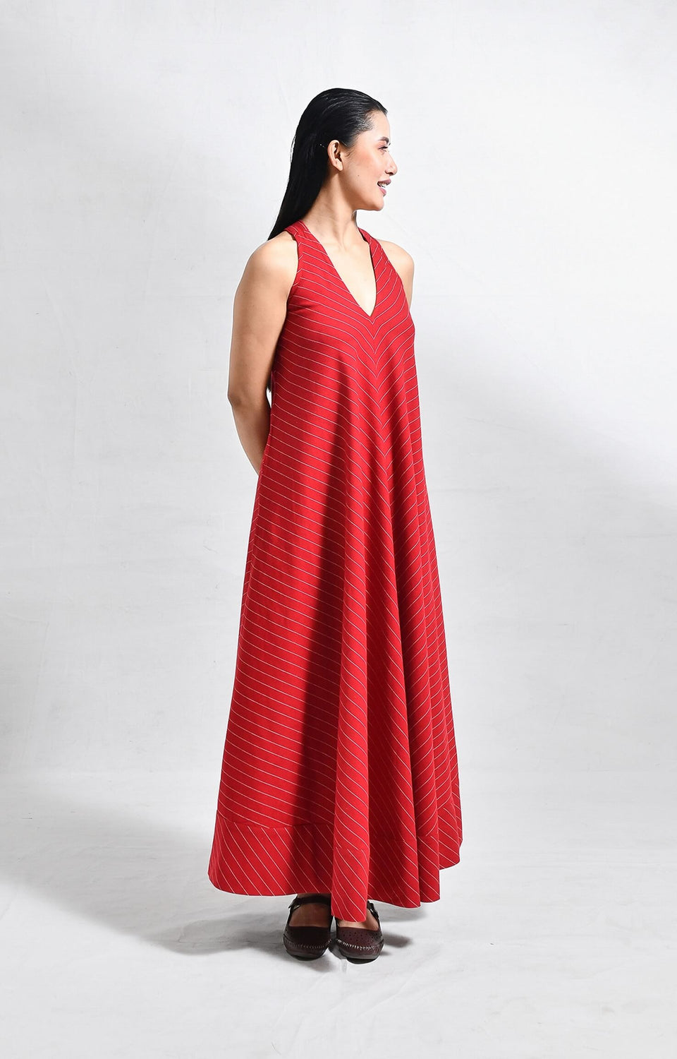 Women's red cotton striped dress with unique back twist detail