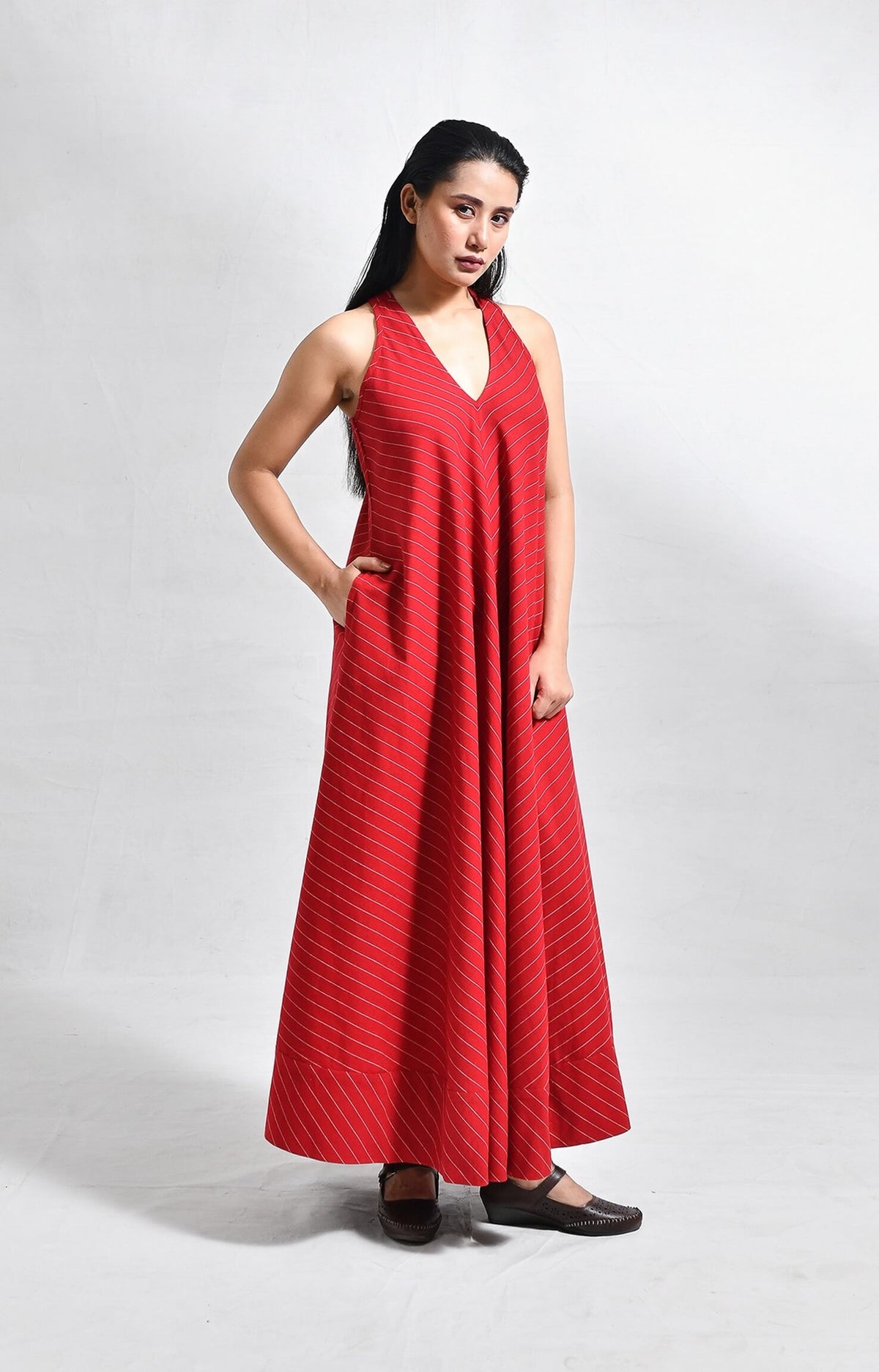 Women's red cotton striped dress with unique back twist detail