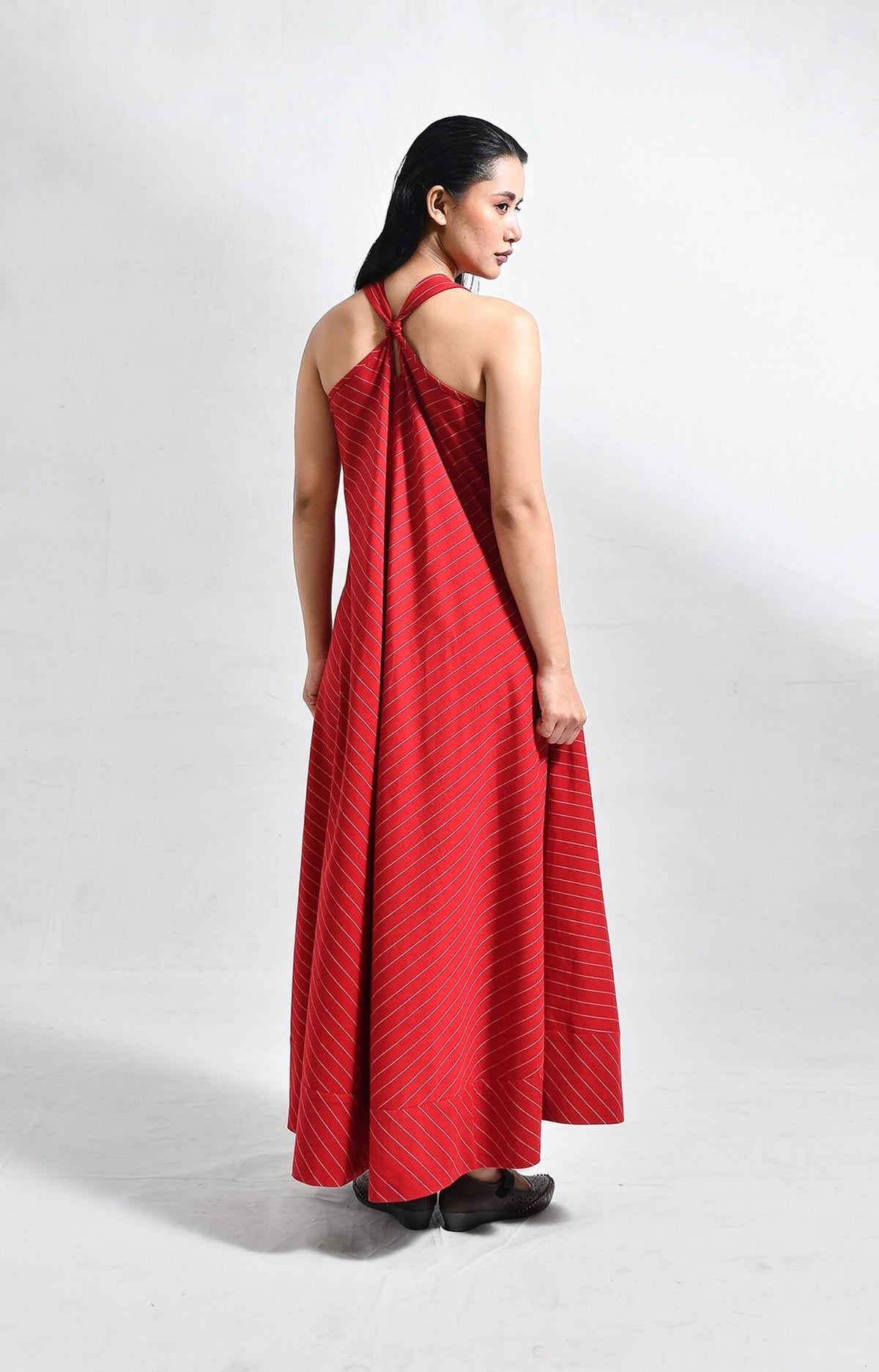 Women's red cotton striped dress with unique back twist detail