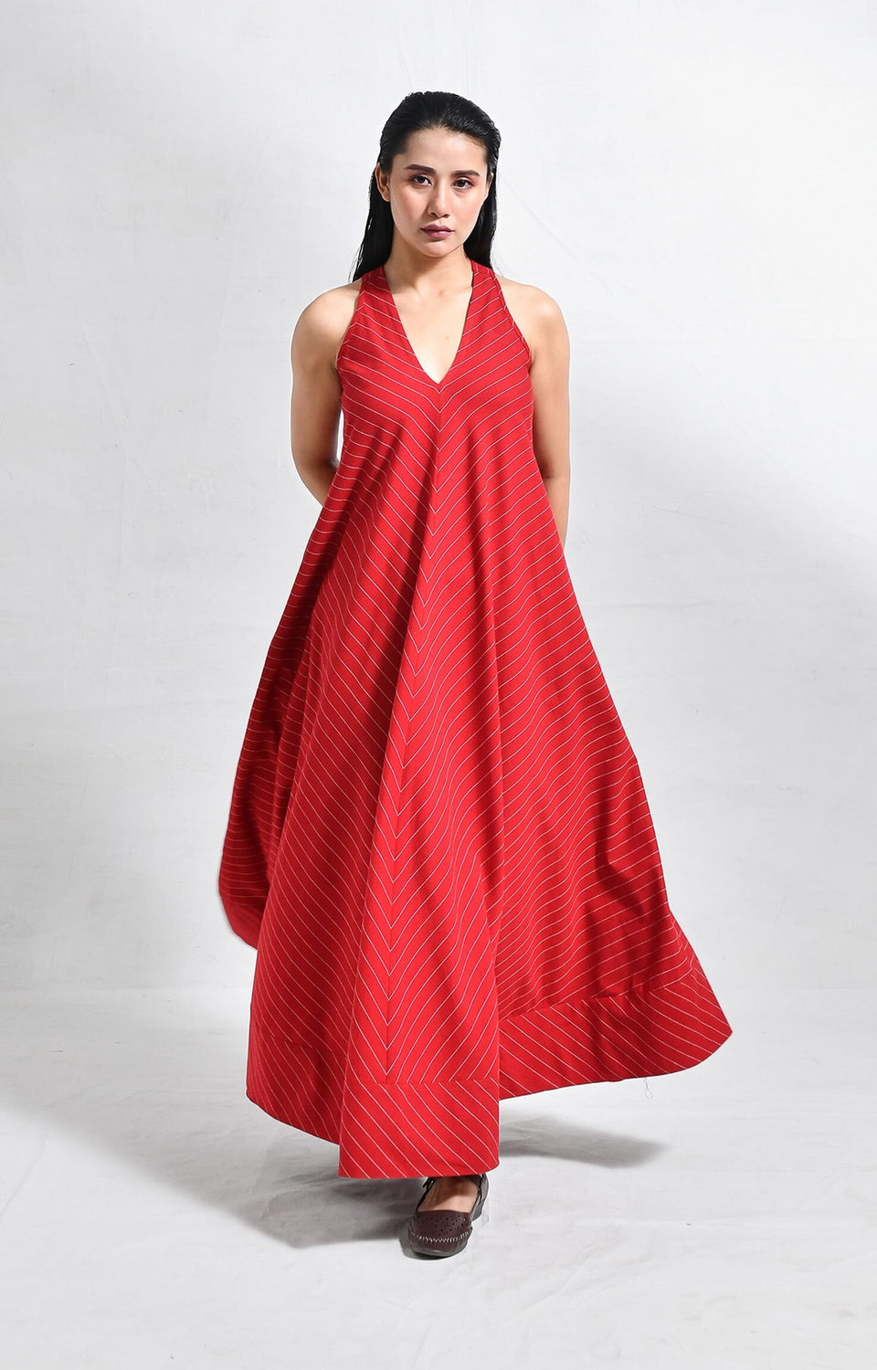 Women's red cotton striped dress with unique back twist detail
