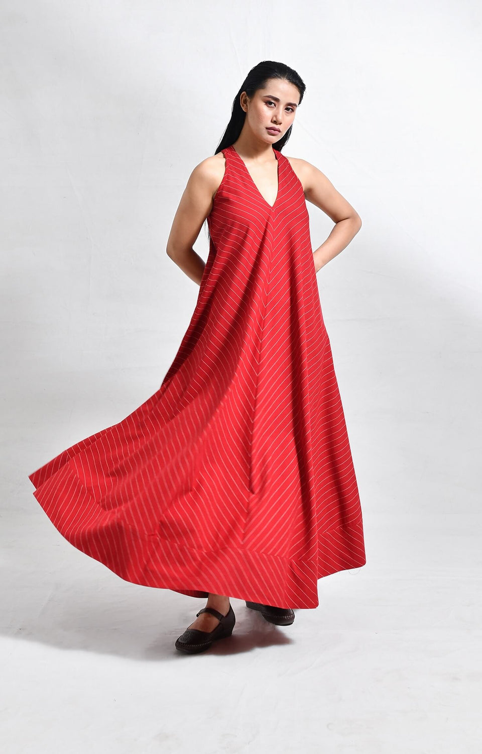 Women's red cotton striped dress with unique back twist detail