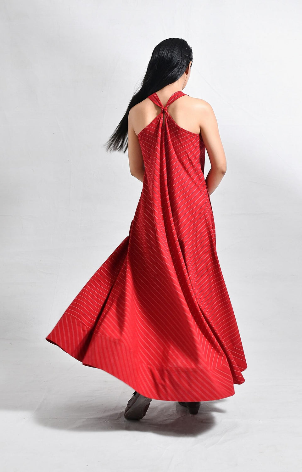 Women's red cotton striped dress with unique back twist detail