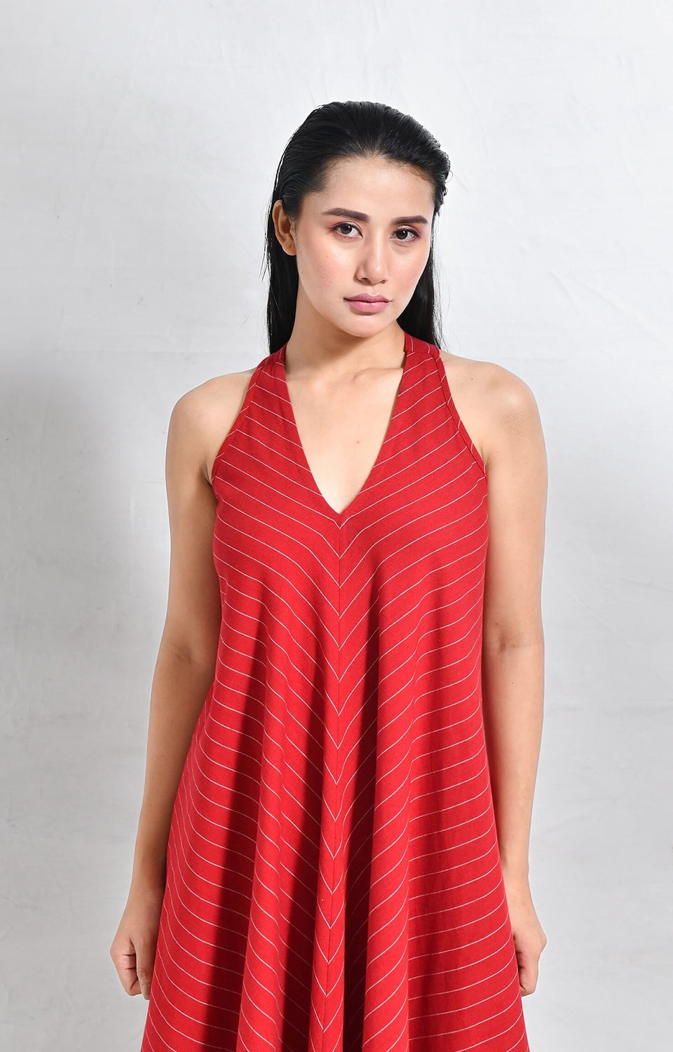 Women's red cotton striped dress with unique back twist detail