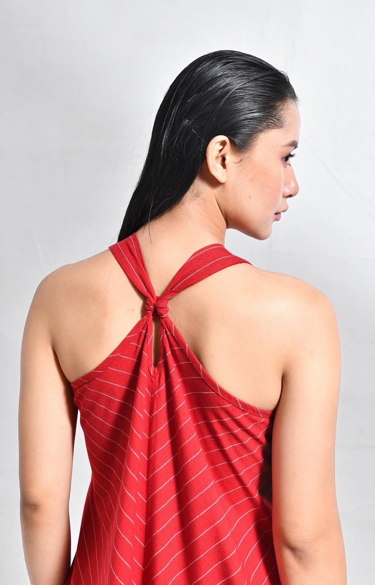 Women's red cotton striped dress with unique back twist detail
