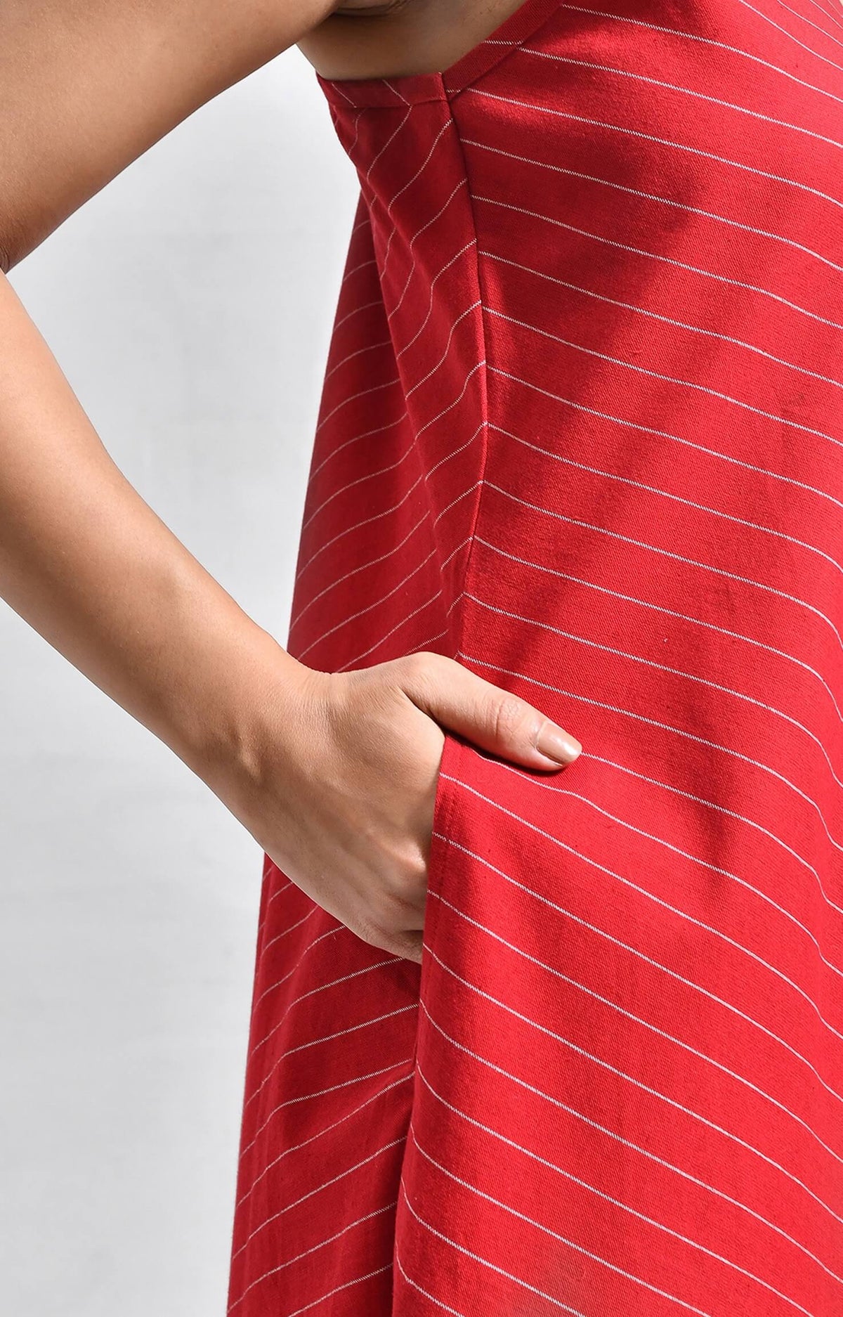 Women's red cotton striped dress with unique back twist detail