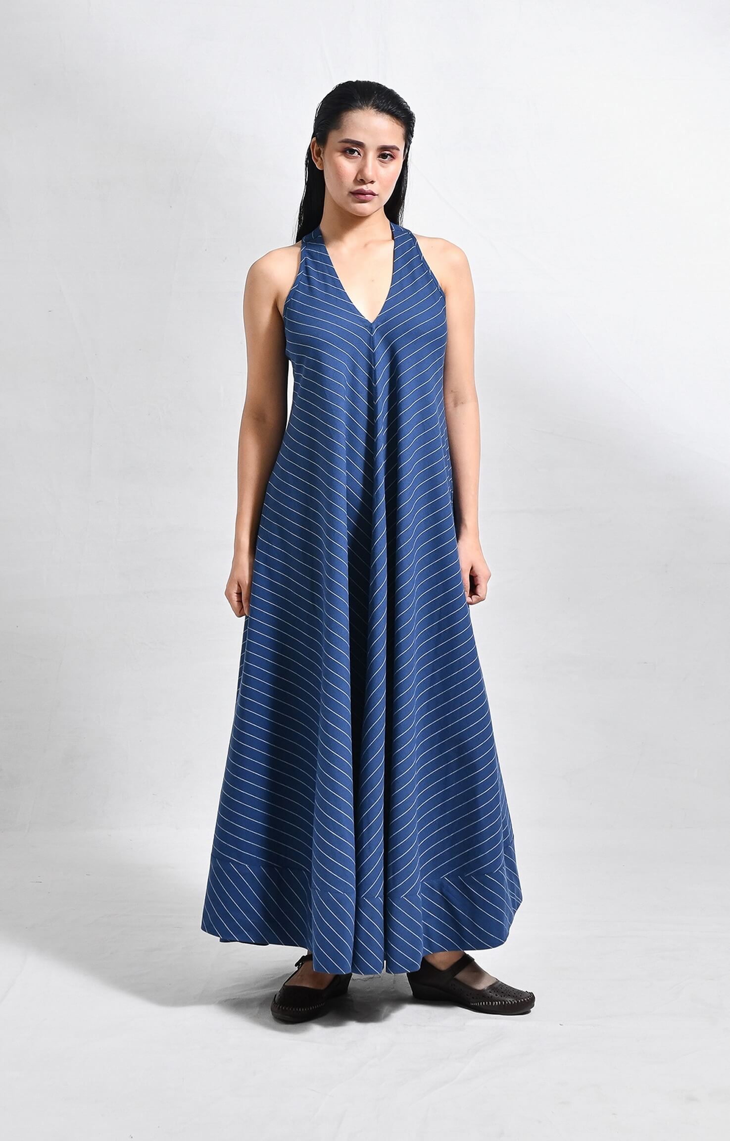 Striped blue cotton back twist dress for women