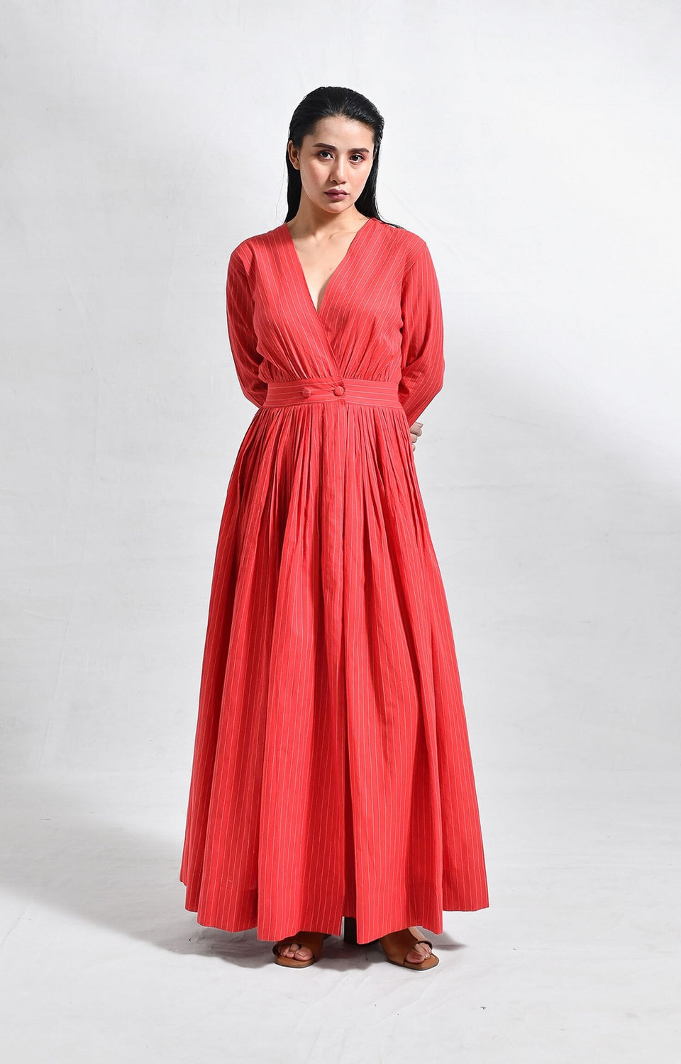 Women's red khadi striped wrap dress – long dresses