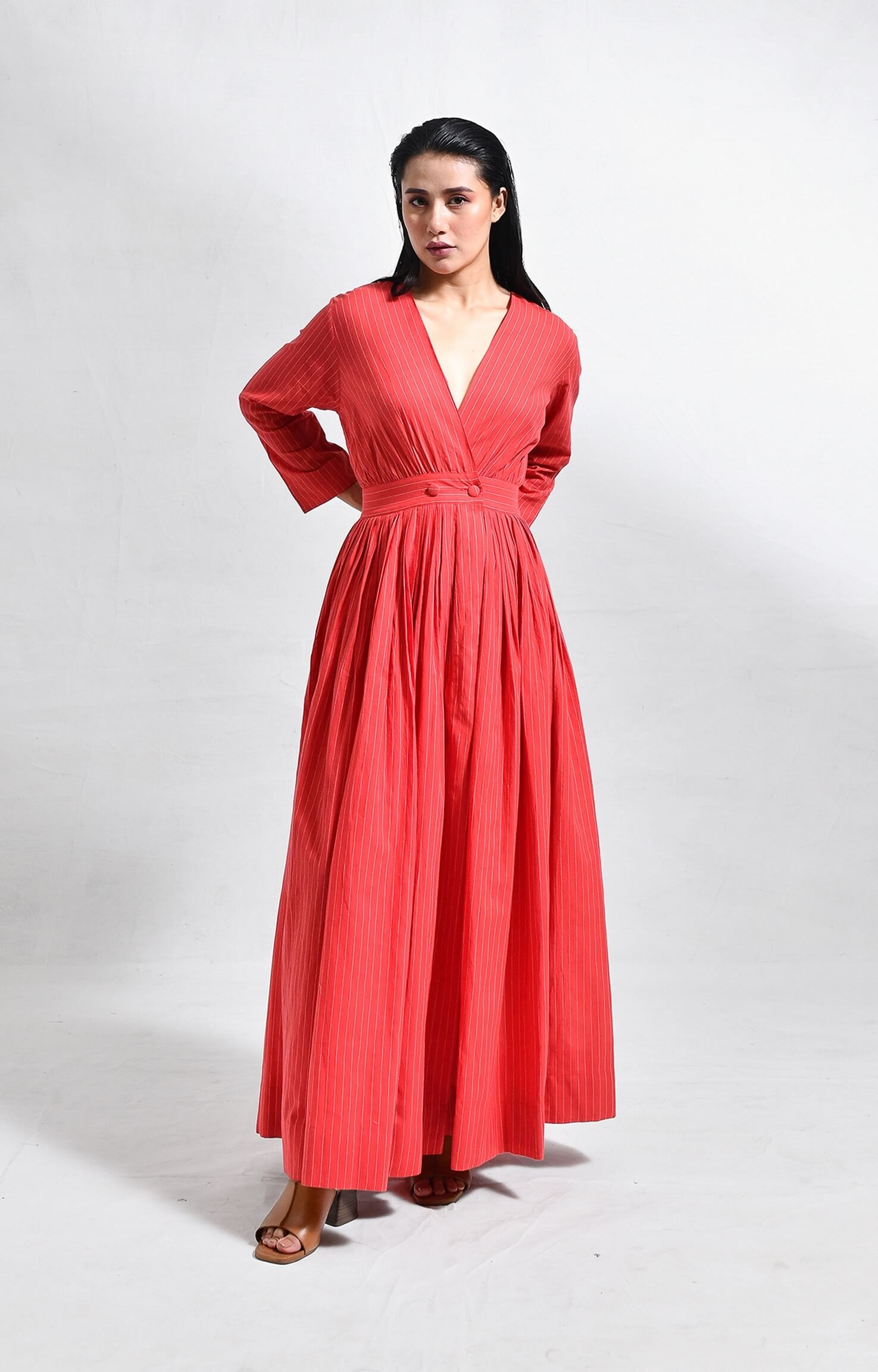 Women's red khadi striped wrap dress – long dresses