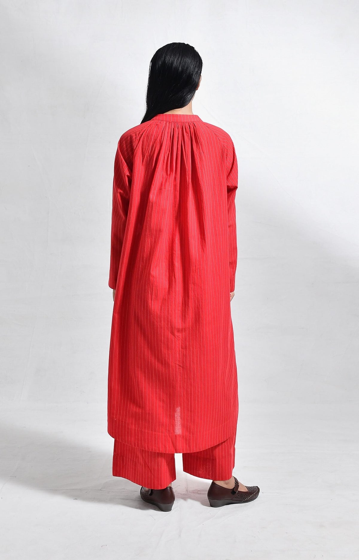 Khadi red striped neck gather co-ord set for women