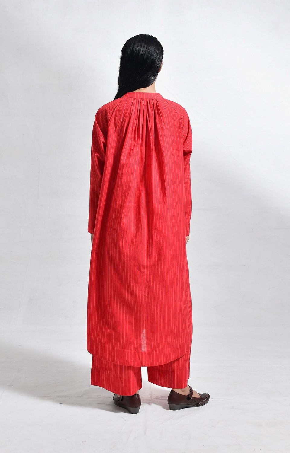 Khadi red striped neck gather co-ord set for women