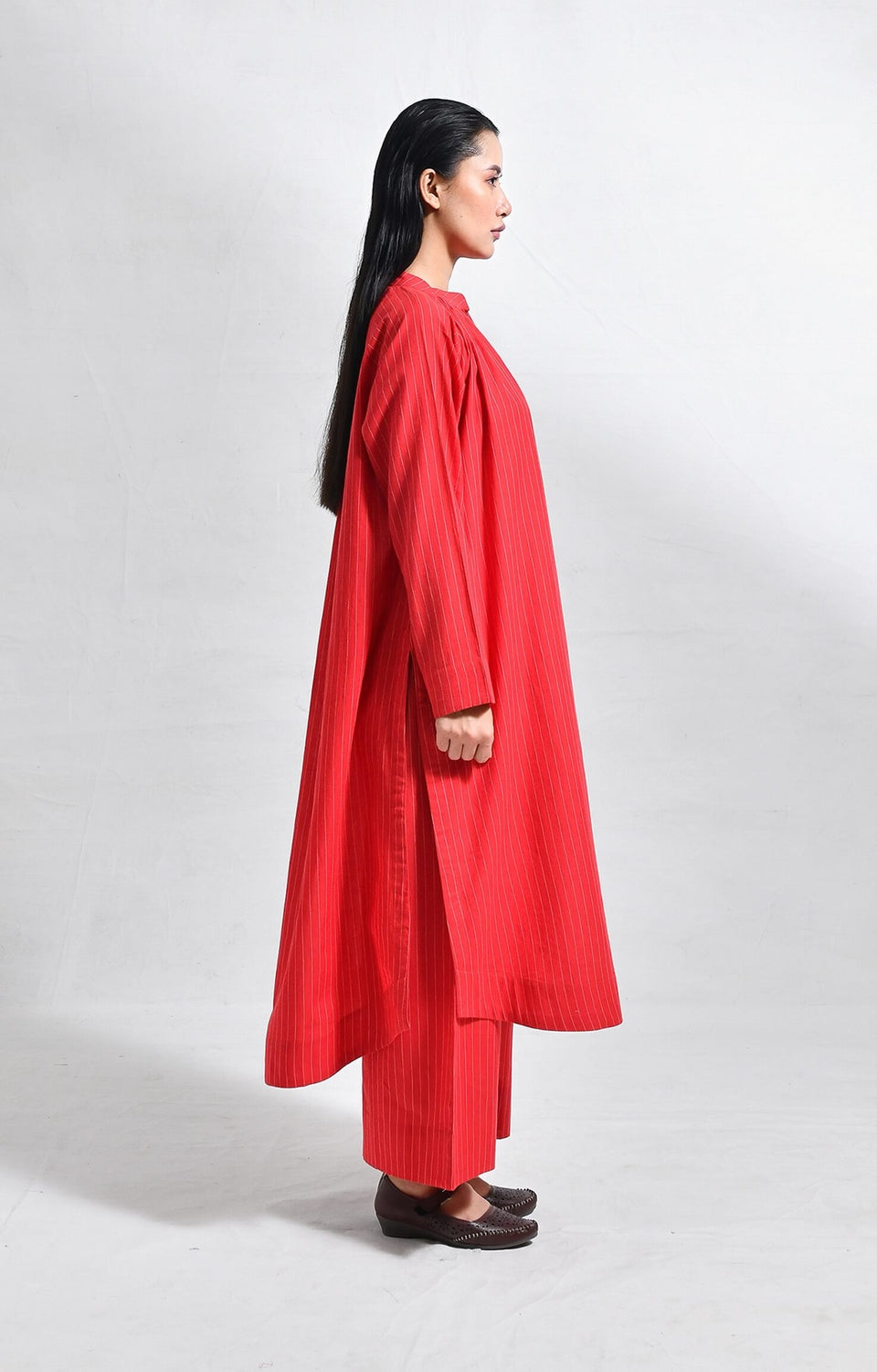 Khadi red striped neck gather co-ord set for women