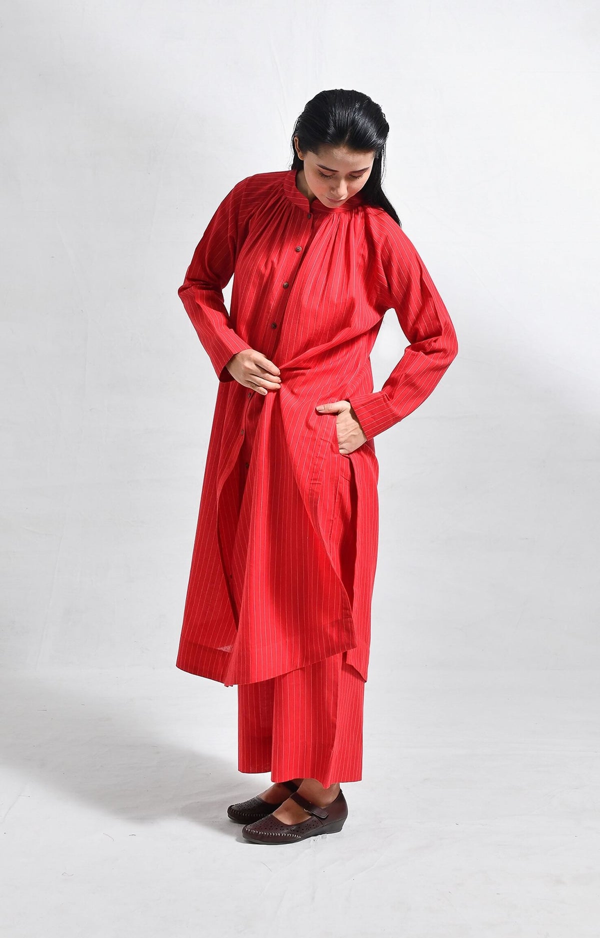 Khadi red striped neck gather co-ord set for women