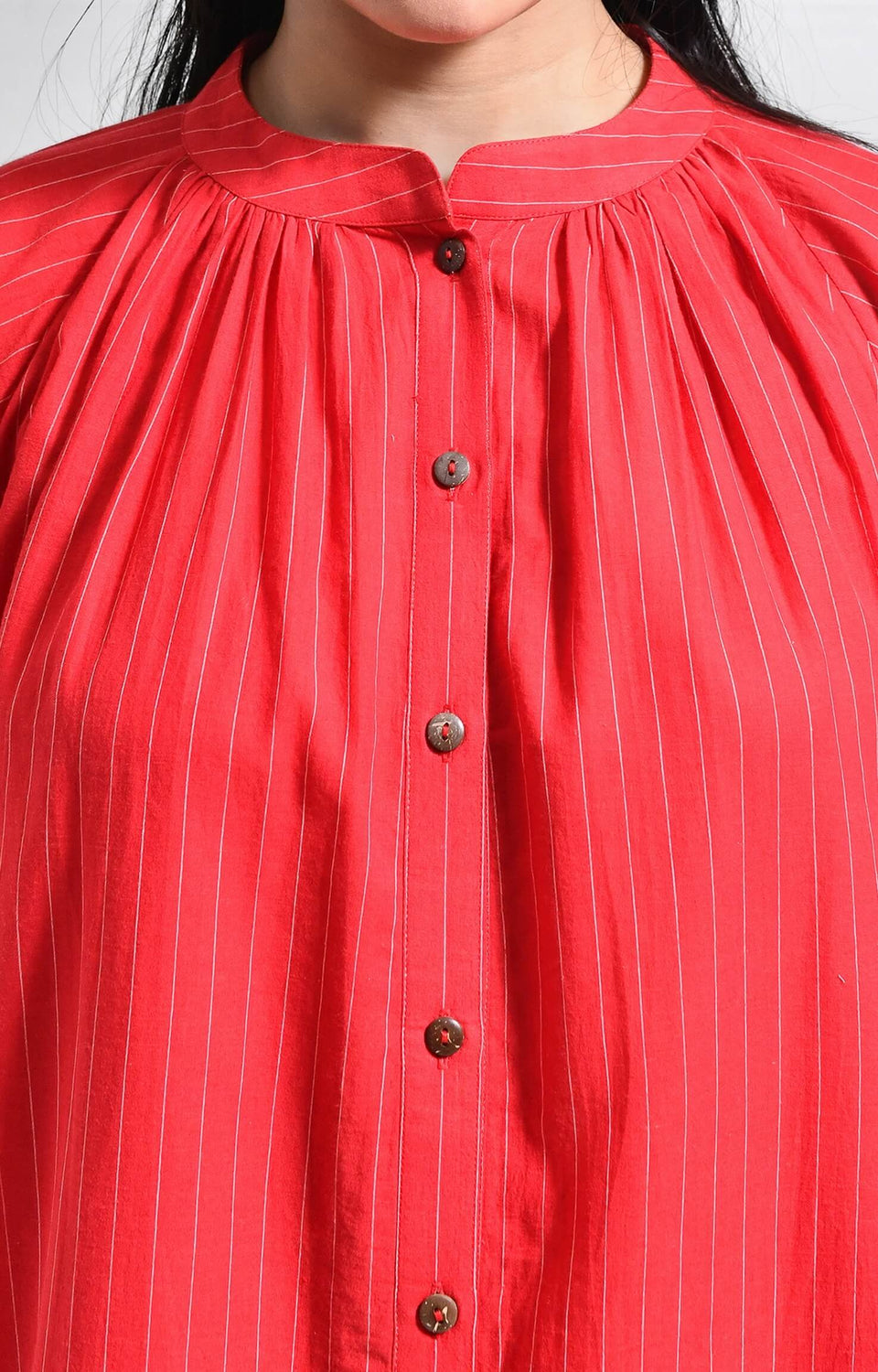 Khadi red striped neck gather co-ord set for women
