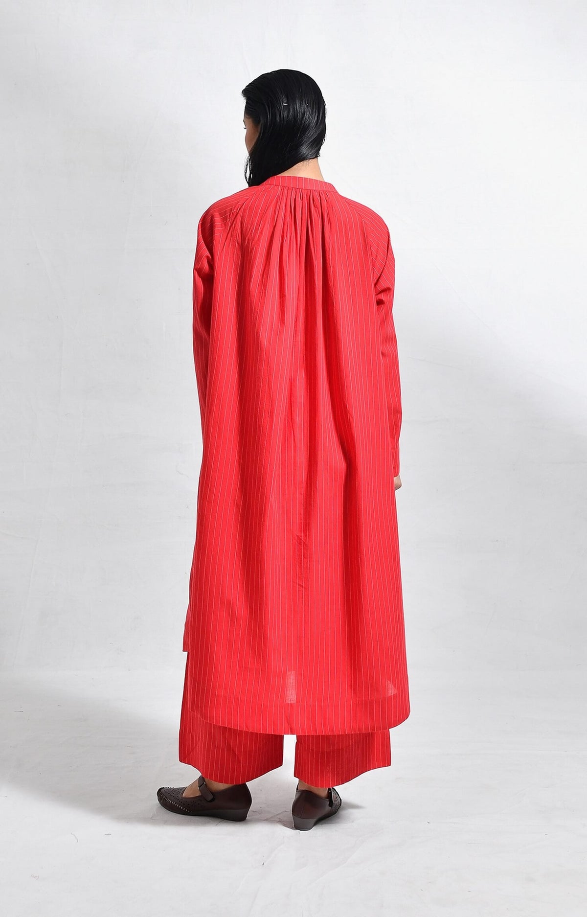 Khadi red striped neck gather co-ord set for women