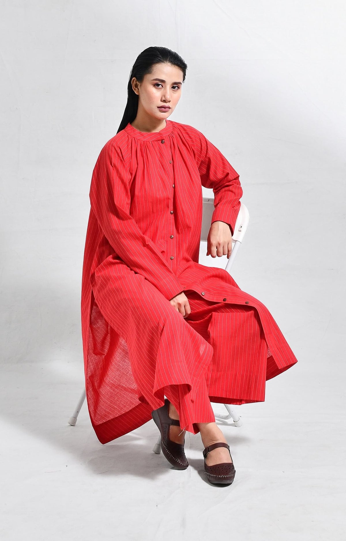Khadi red striped neck gather co-ord set for women