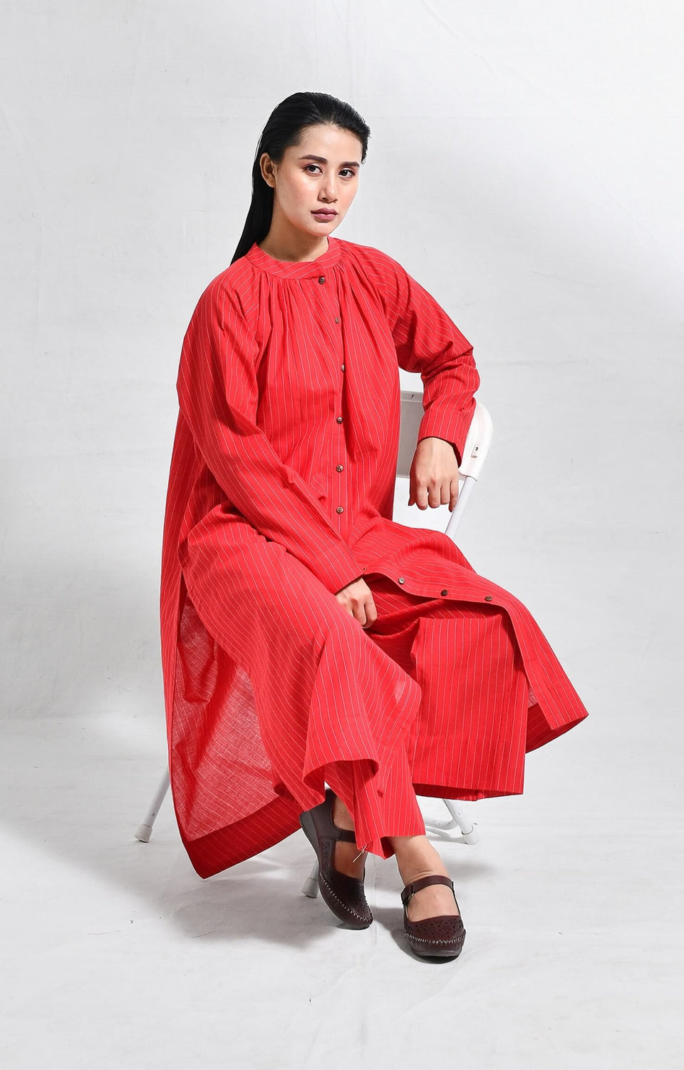Khadi red striped neck gather co-ord set for women
