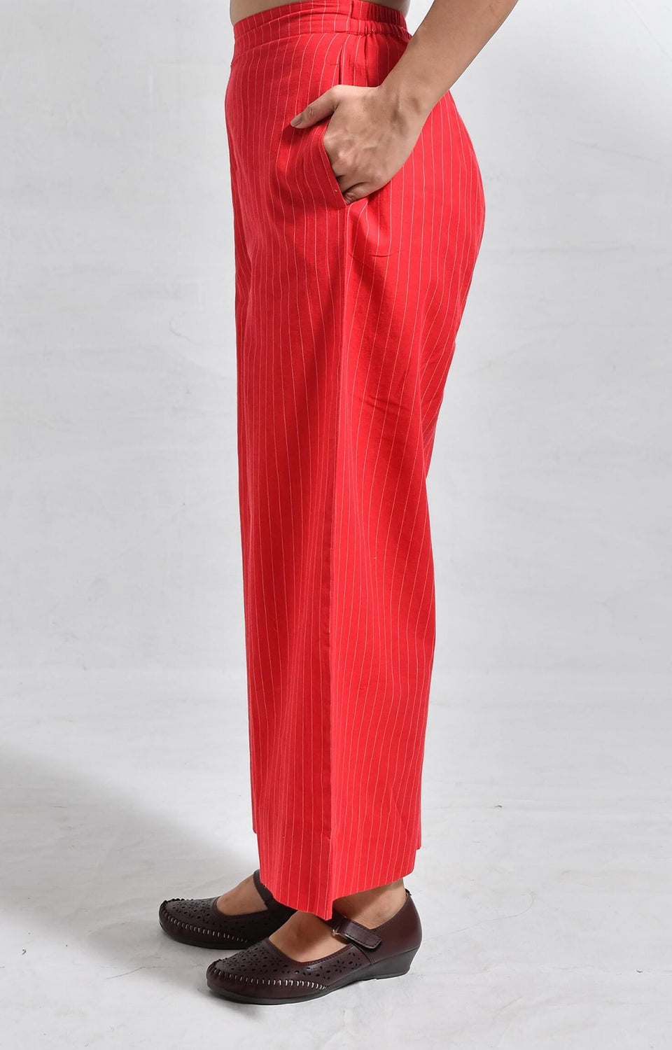 Khadi red striped neck gather co-ord set for women