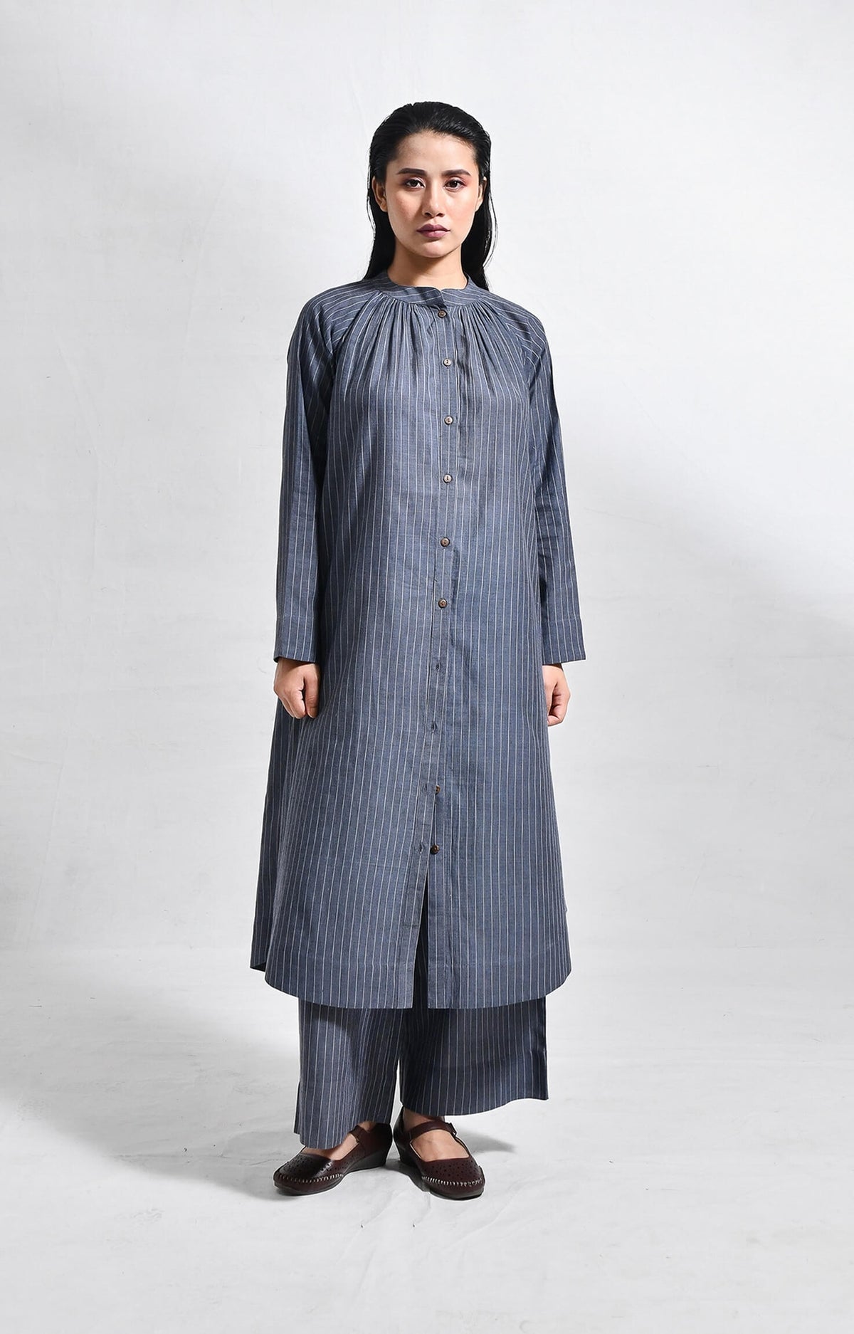Khadi charcoal striped neck gather co-ord set for women