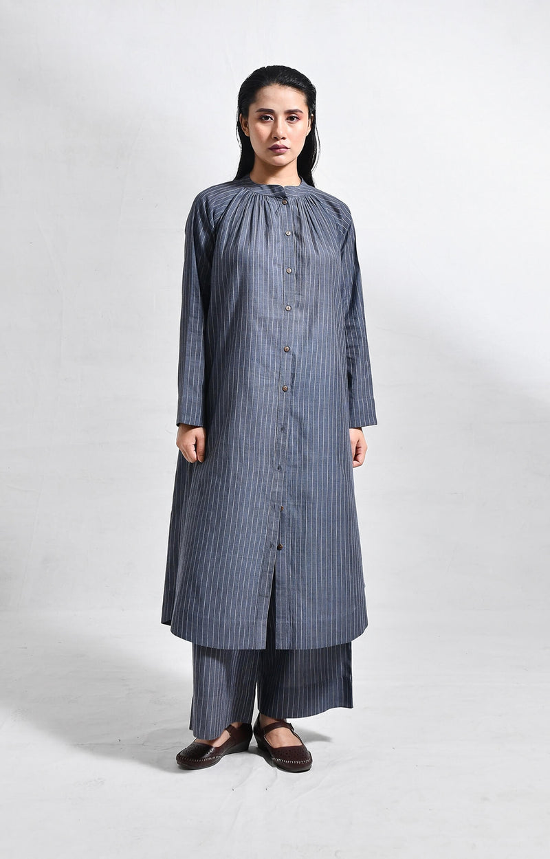 Khadi charcoal striped neck gather co-ord set for women