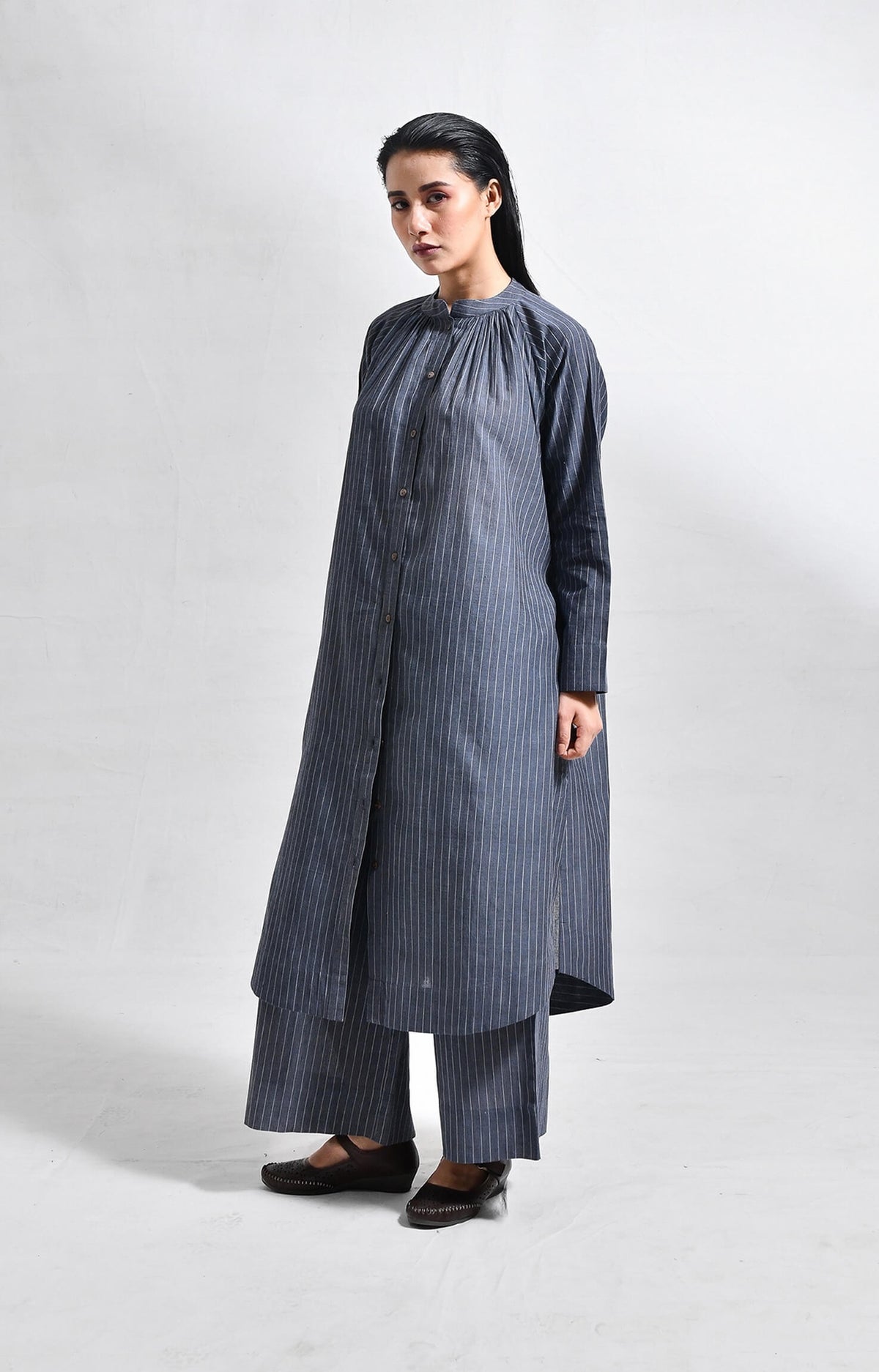 Khadi charcoal striped neck gather co-ord set for women