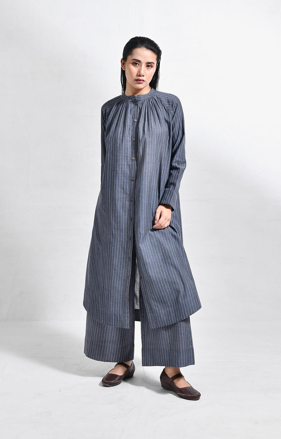Khadi charcoal striped neck gather co-ord set for women