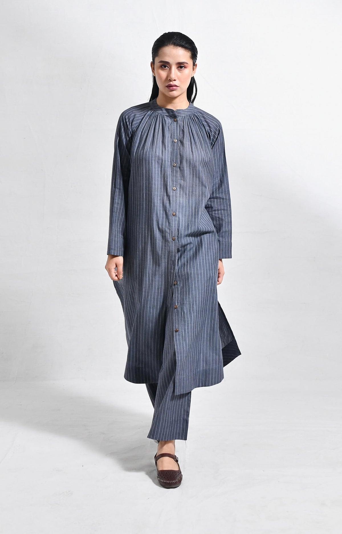 Khadi charcoal striped neck gather co-ord set for women