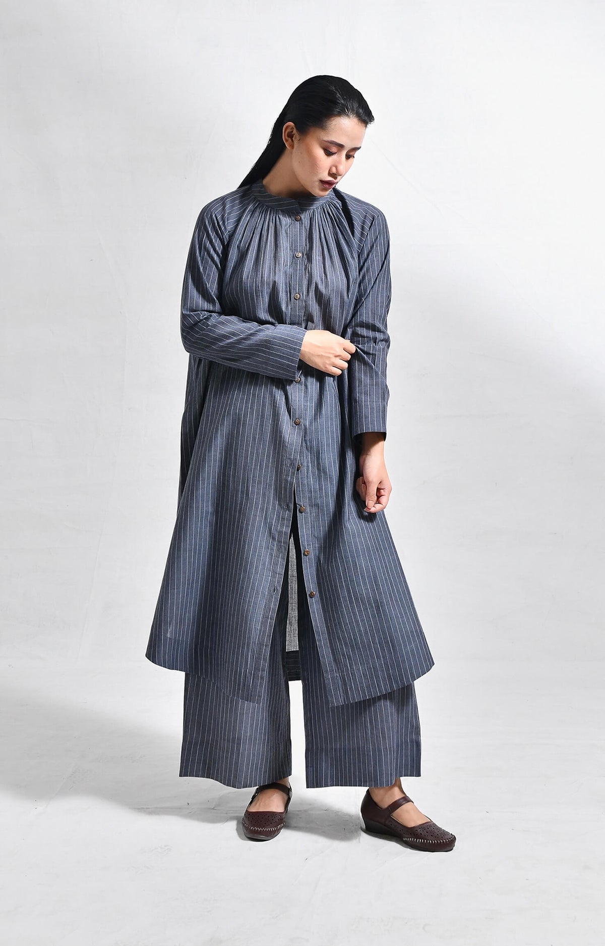 Khadi charcoal striped neck gather co-ord set for women