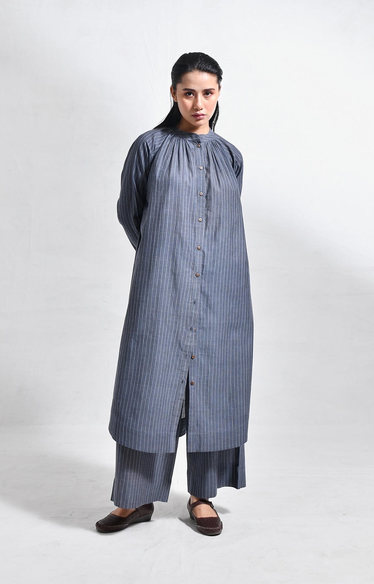 Khadi charcoal striped neck gather co-ord set for women