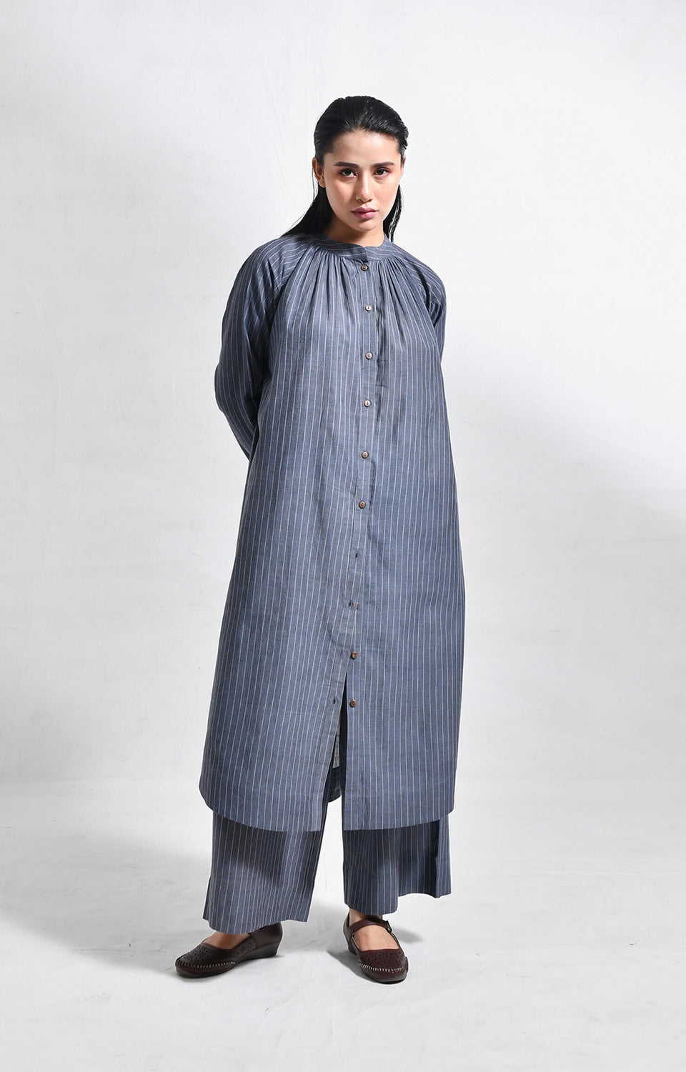 Khadi charcoal striped neck gather co-ord set for women