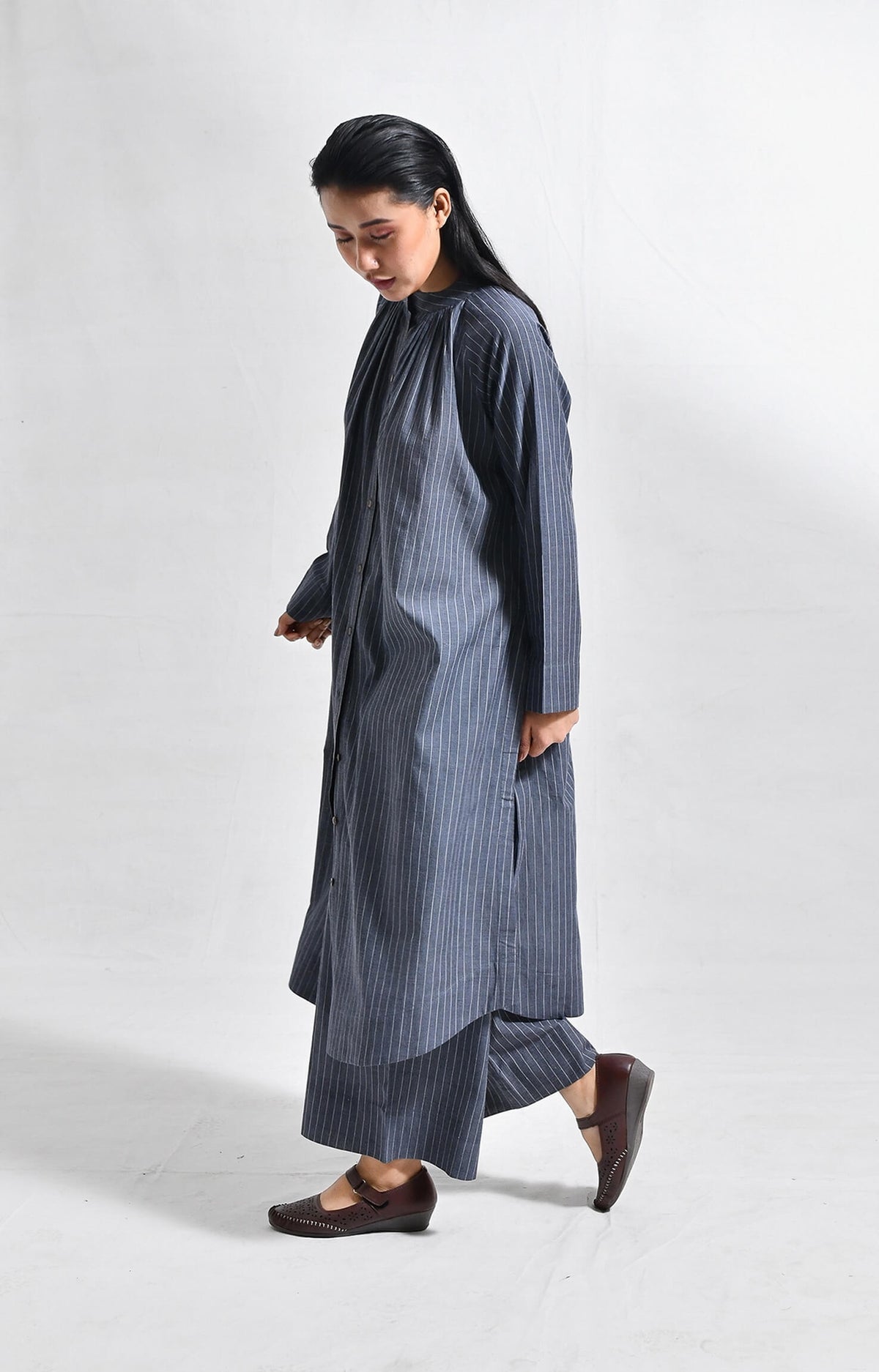 Khadi charcoal striped neck gather co-ord set for women