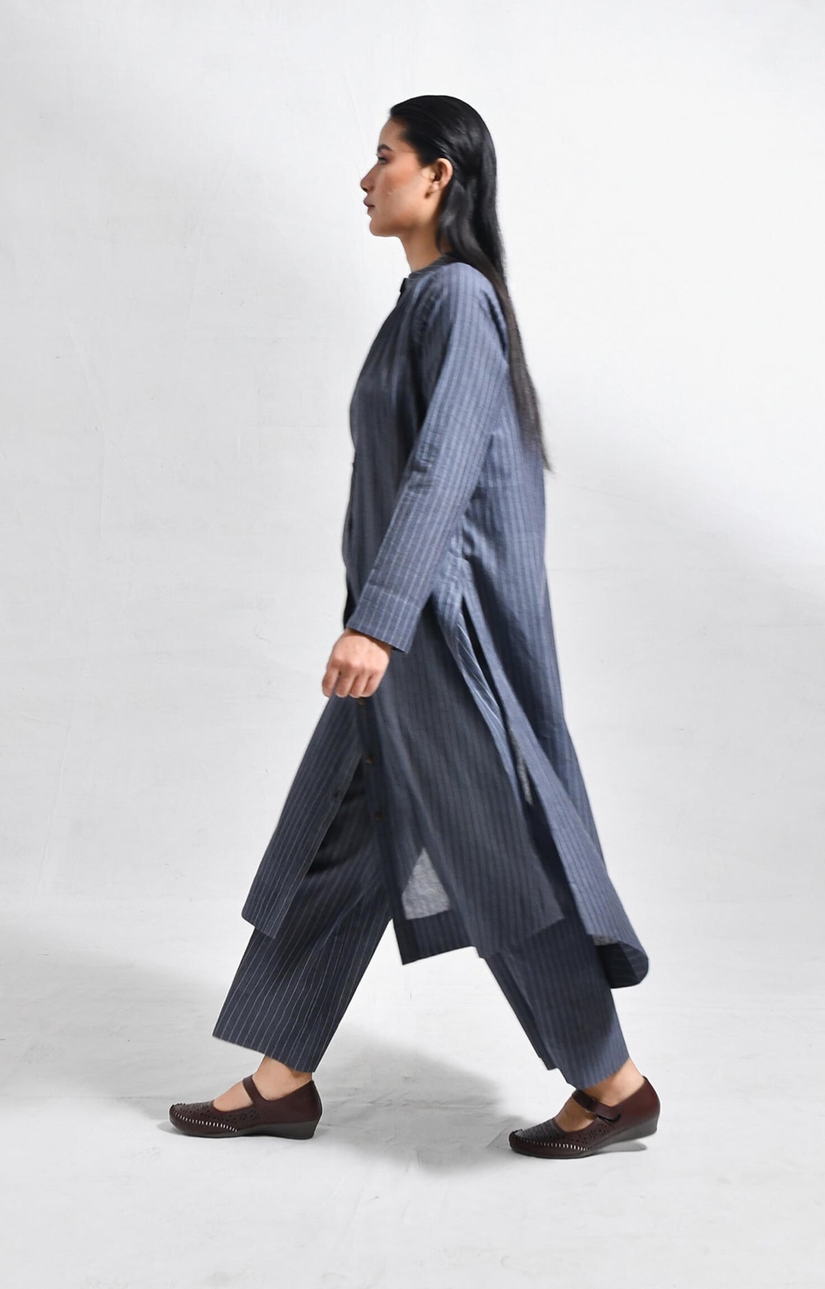 Khadi charcoal striped neck gather co-ord set for women